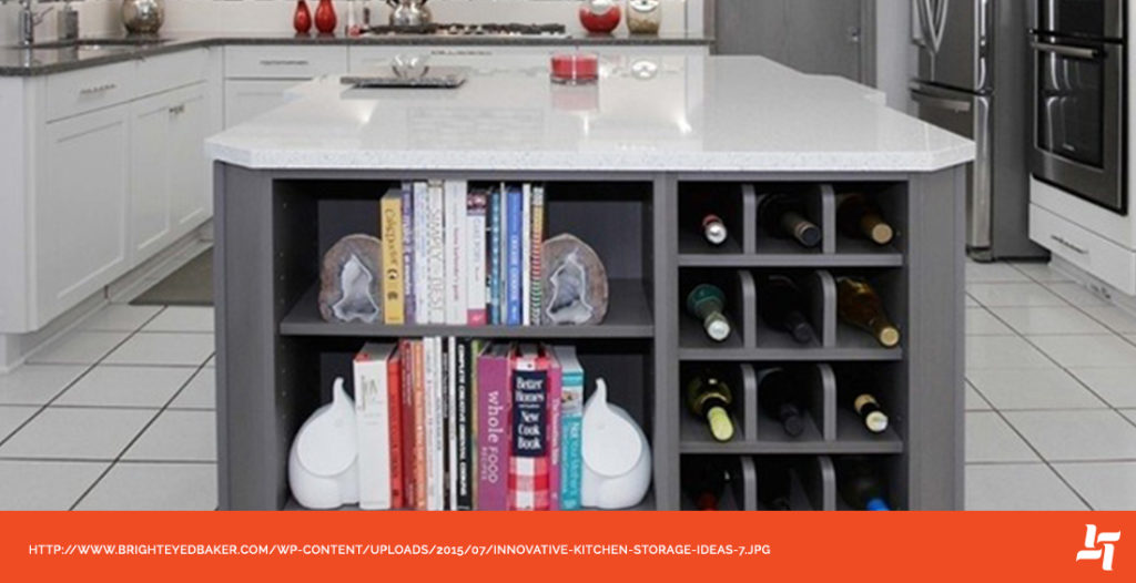 Kitchen island with shelving for books and wine