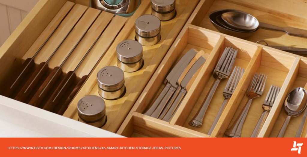 Wooden drawer divider for utensils and spices